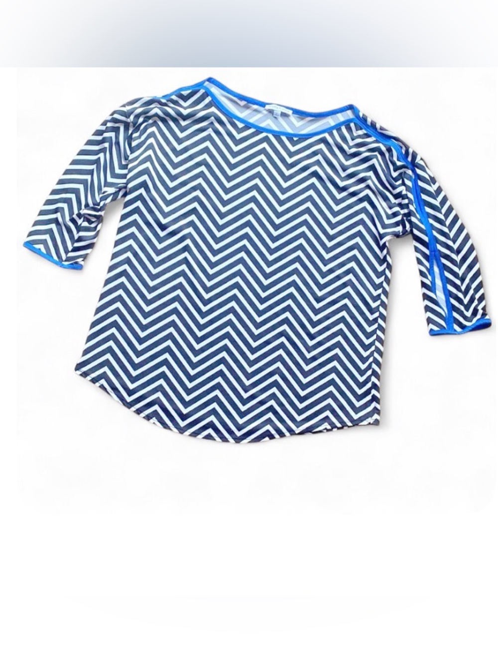 Notations Chevron Top Black White Blue Trim Cutout Three Quarter Sleeve Blouse L